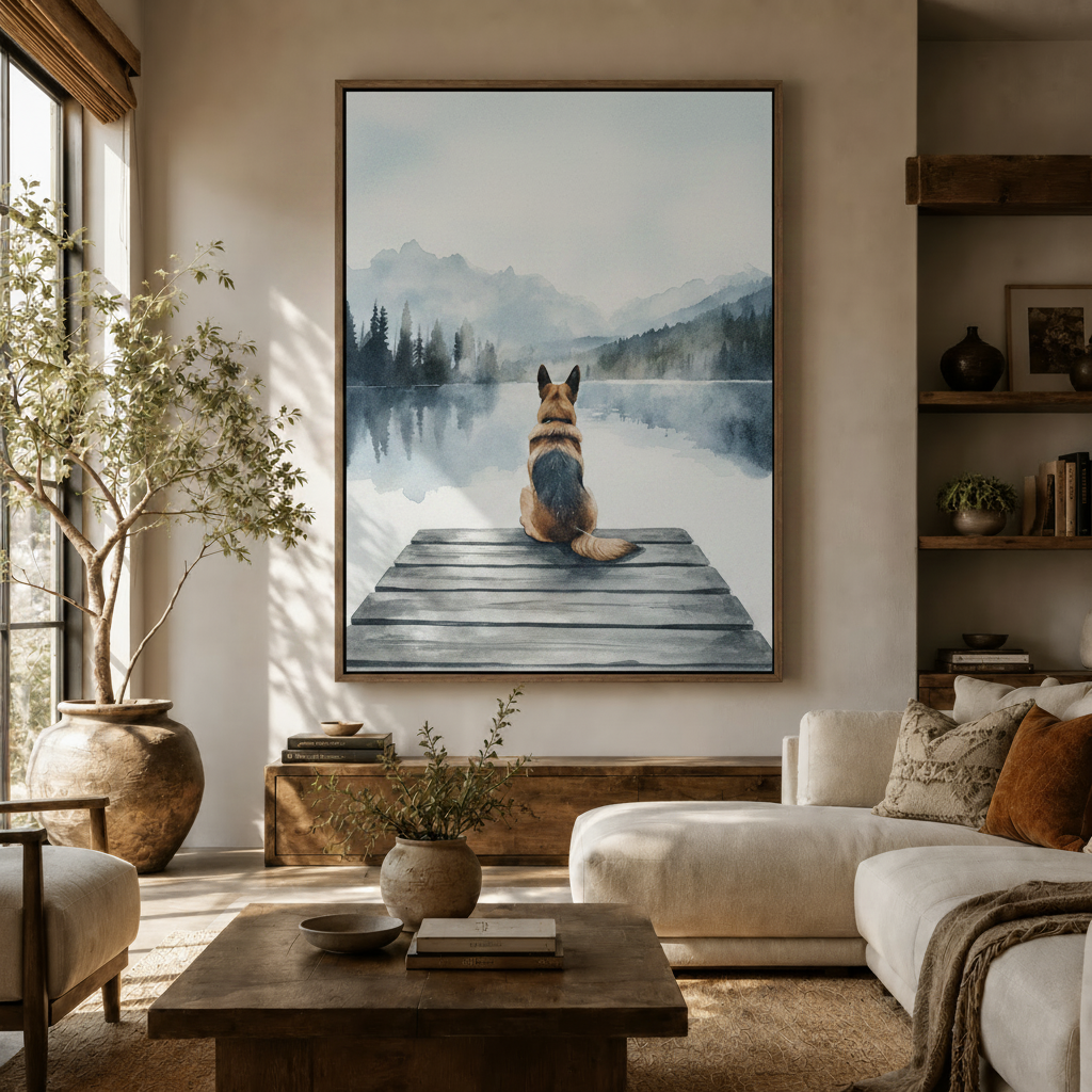 German Shepherd watercolor canvas print displayed above console in warm neutral living room
