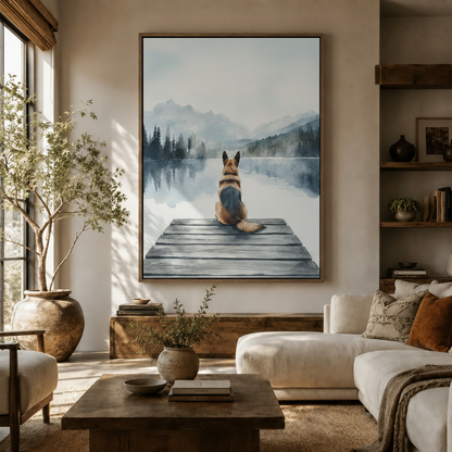 German Shepherd watercolor canvas print displayed above console in warm neutral living room