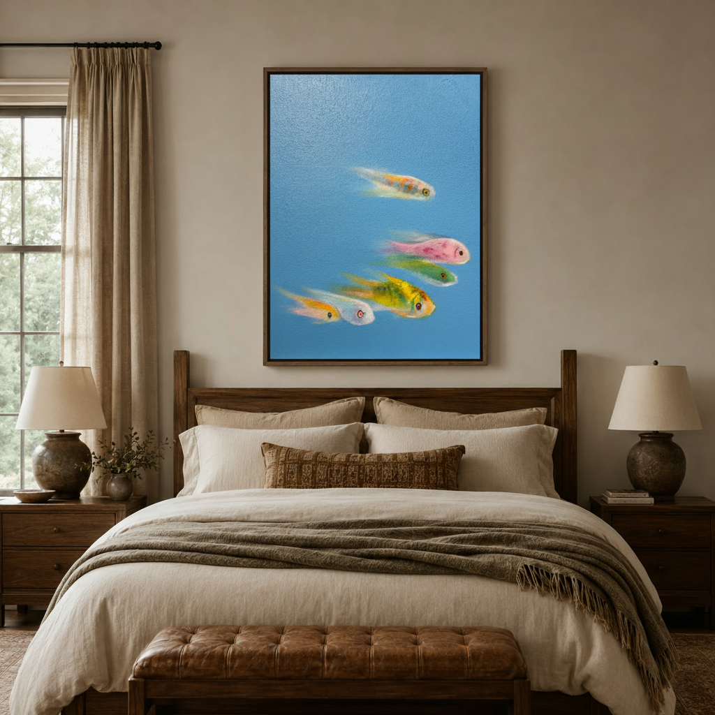 Dreamy colorful fish canvas print in float frame styled above bed in warm bedroom interior