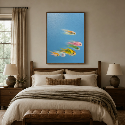 Dreamy colorful fish canvas print in float frame styled above bed in warm bedroom interior