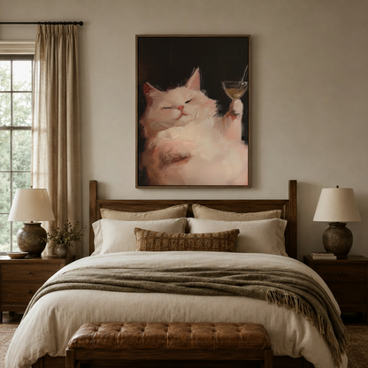 Moody cat cocktail canvas art above a walnut bed headboard in a cozy neutral bedroom interior