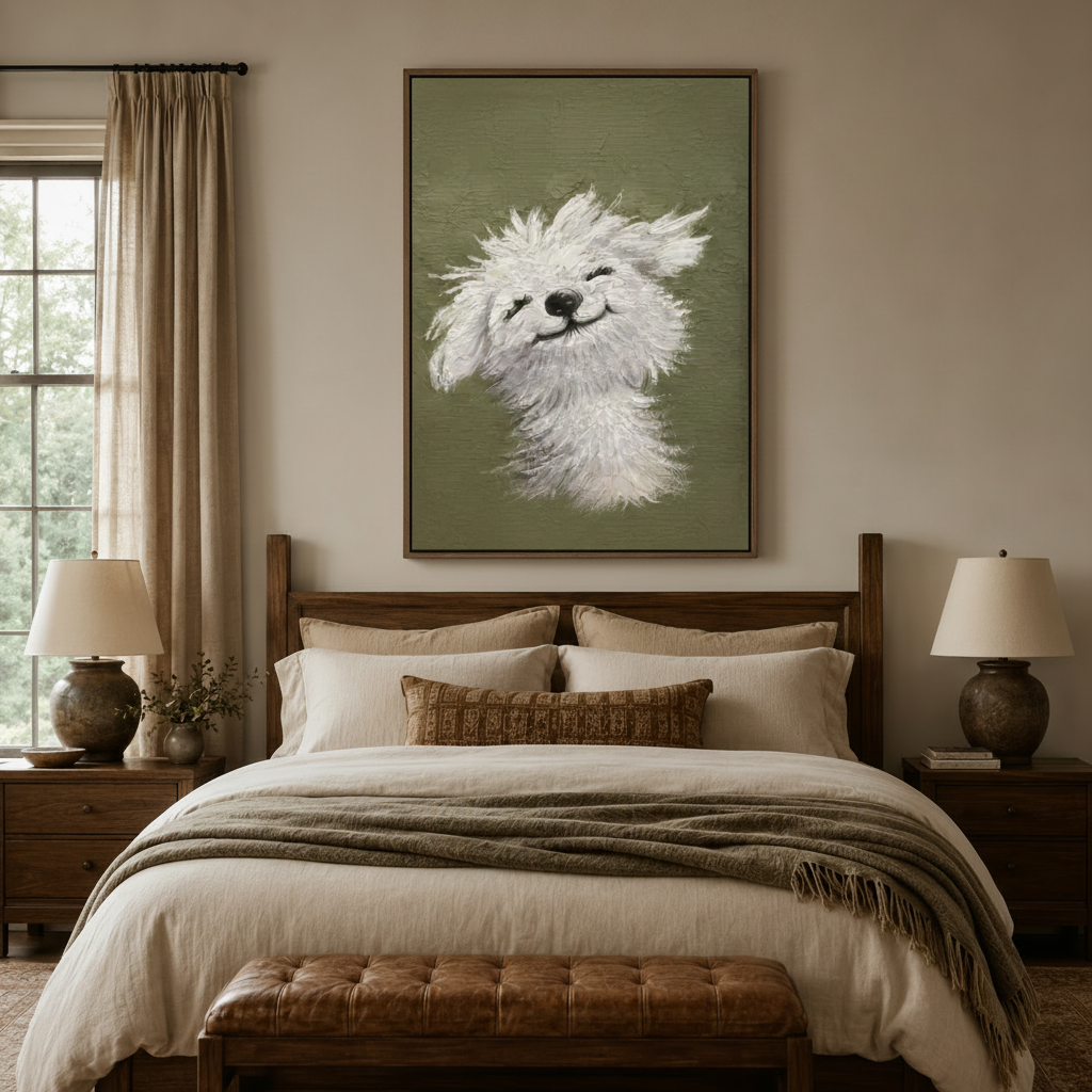 Feel-good white dog impasto canvas above wooden bed headboard in cozy warm-toned bedroom