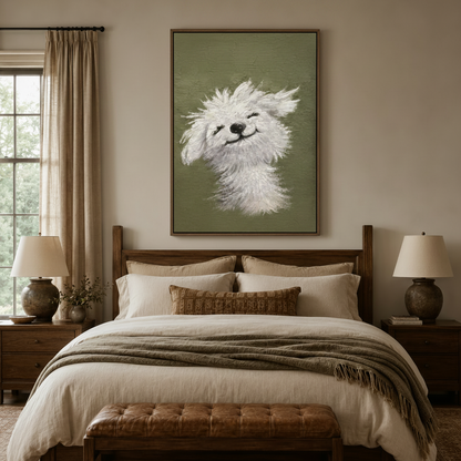 Feel-good white dog impasto canvas above wooden bed headboard in cozy warm-toned bedroom
