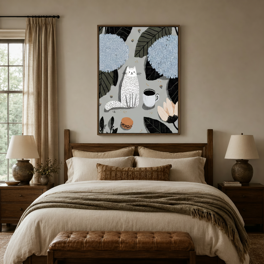  Botanical white cat wall art above a linen bed in a serene bedroom, muted cool palette
