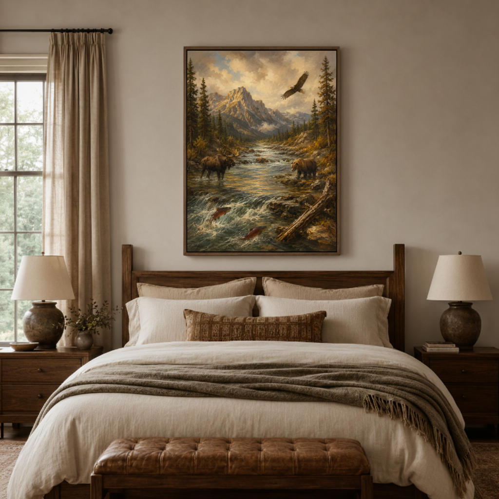 Classic wilderness wildlife canvas print in bedroom – American mountain river oil painting with bear and soaring eagle above bed by Aurewall