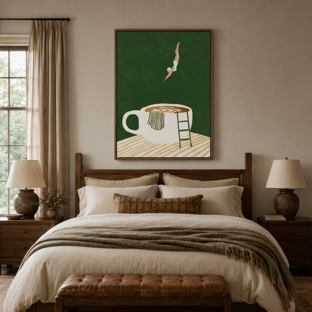 Coffee dive canvas wall art bedroom detail – minimalist figure diving into coffee mug illustration as playful bold accent above nightstand by Aurewall