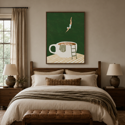 Coffee dive canvas wall art bedroom detail – minimalist figure diving into coffee mug illustration as playful bold accent above nightstand by Aurewall