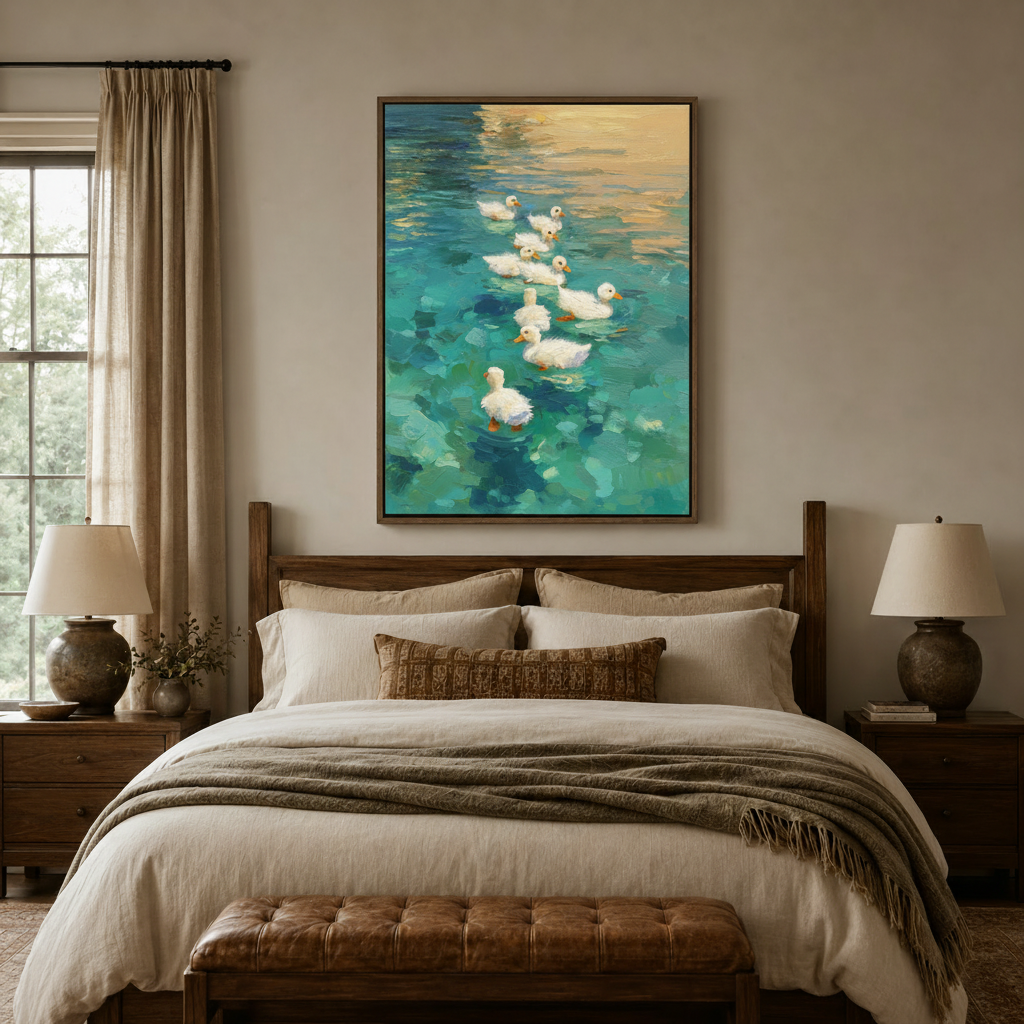 White ducks swimming in teal water canvas print above wooden bed frame in warm neutral bedroom