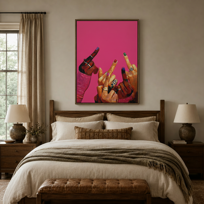 Contemporary feminist canvas print above dark walnut bed, colorful nails and rings detail visible