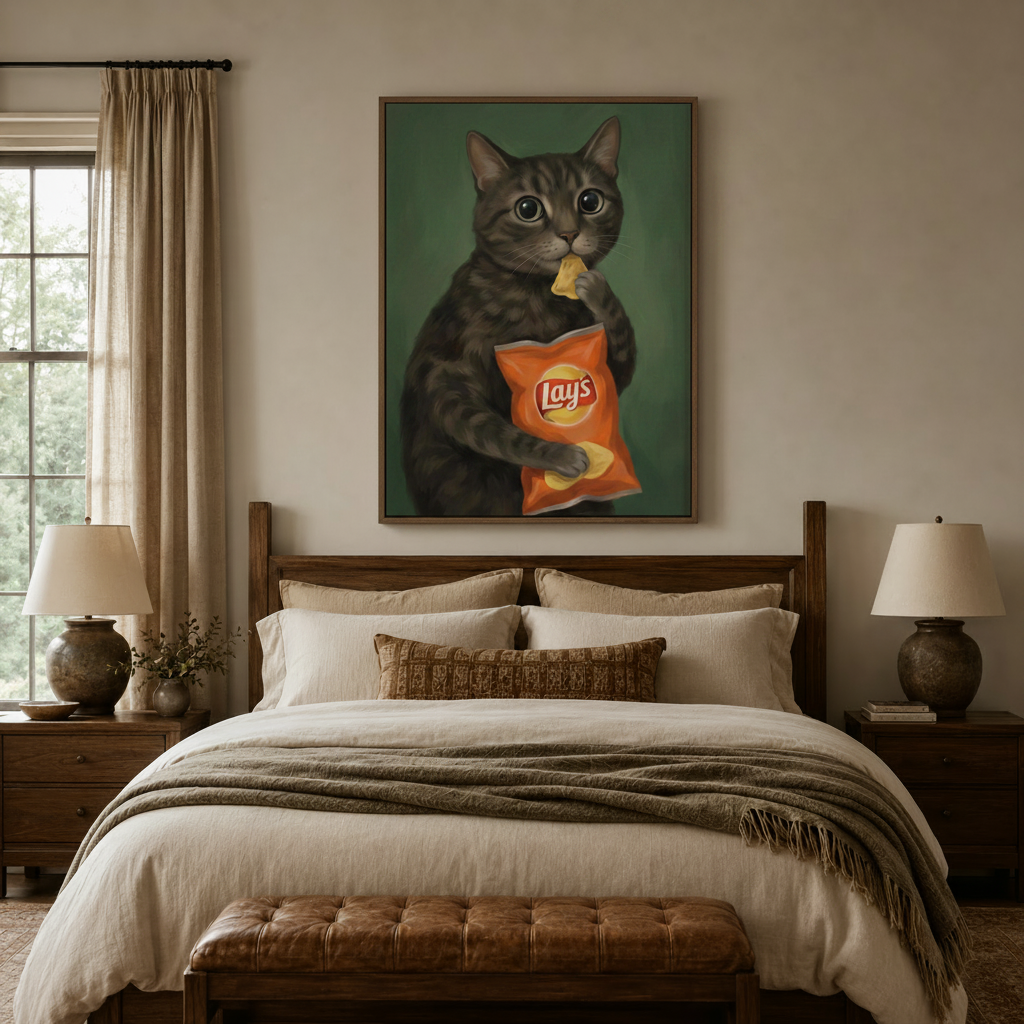 Funny cat portrait canvas art above a bed in a cozy bedroom with linen bedding and warm lighting