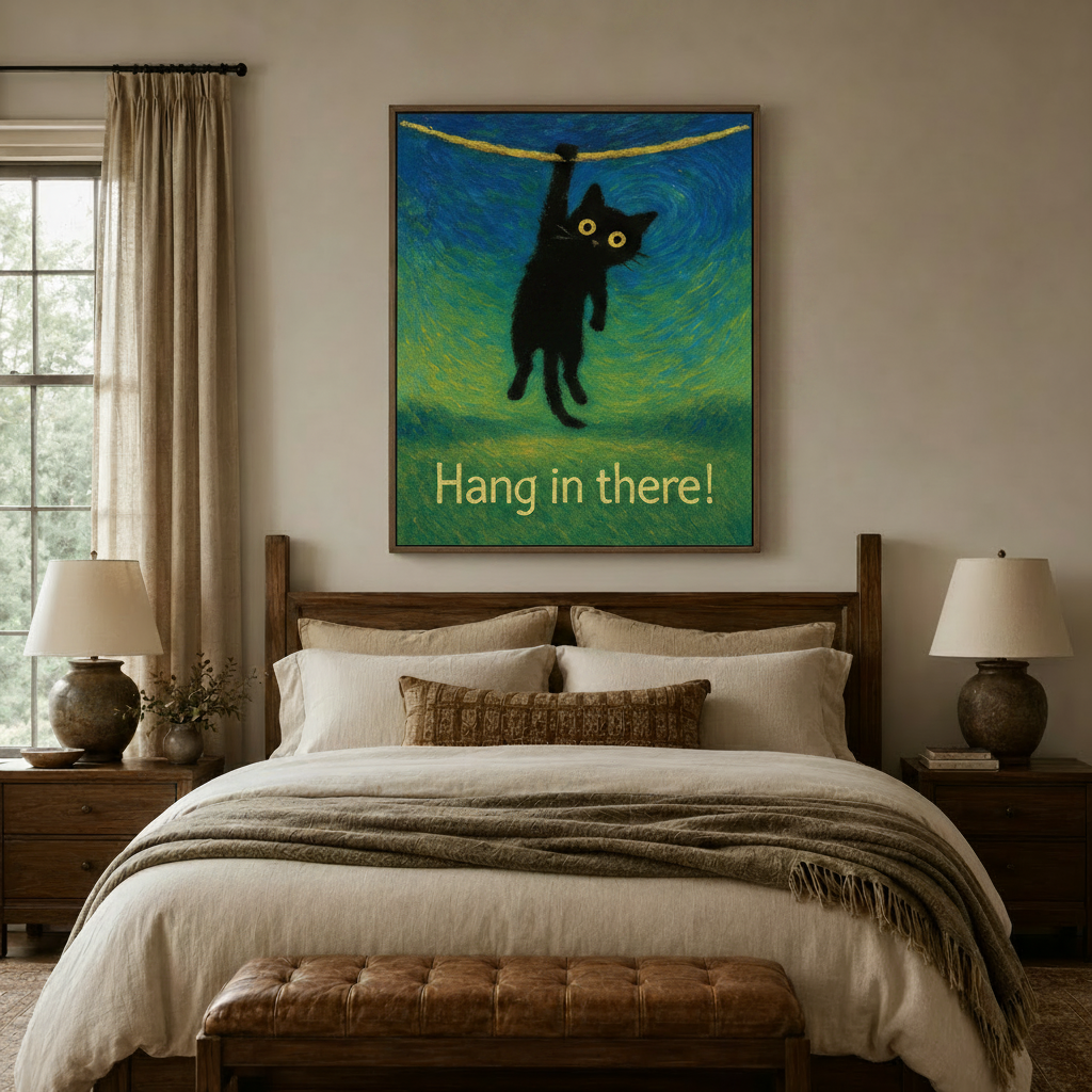 "Hang in There" black cat canvas art above bed – whimsical bedroom wall decor by Aurewall