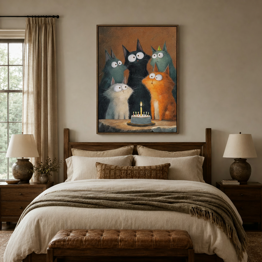 Big-eyed cartoon cats birthday canvas art above a rustic wooden bed in a cozy neutral bedroom
