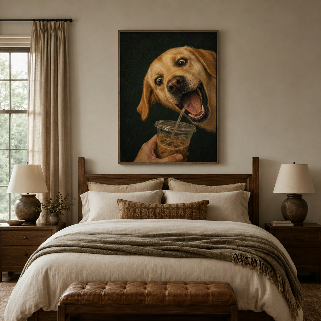 Dramatic Labrador portrait canvas art with dark background displayed above bed in a cozy neutral bedroom
