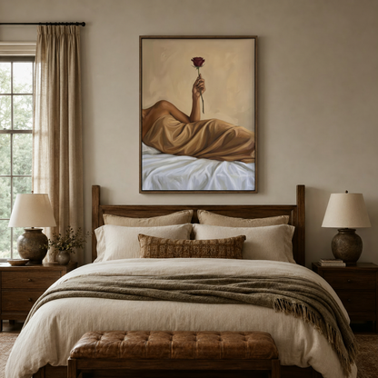  Romantic figurative canvas of woman with crimson rose in dark walnut frame above a linen bed