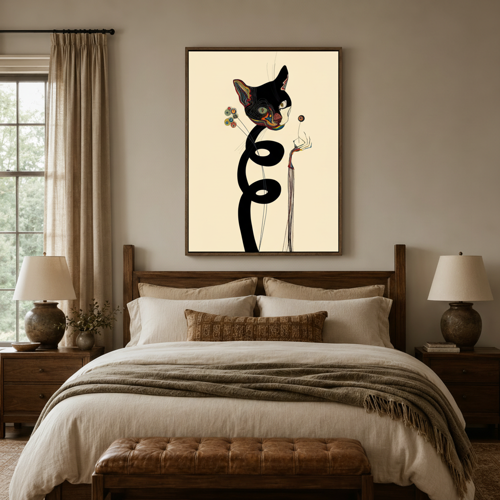 Abstract cat illustration canvas above bed in cozy neutral bedroom with warm linen bedding