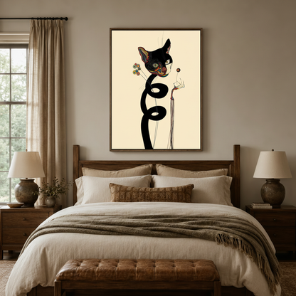 Abstract cat illustration canvas above bed in cozy neutral bedroom with warm linen bedding