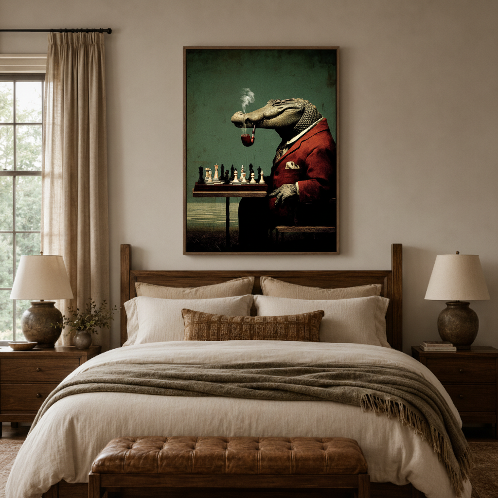 Dapper crocodile chess canvas wall art bedroom detail – close-up of humorous classical oil painting showing crocodile face cigar and chess pieces texture by Aurewall
