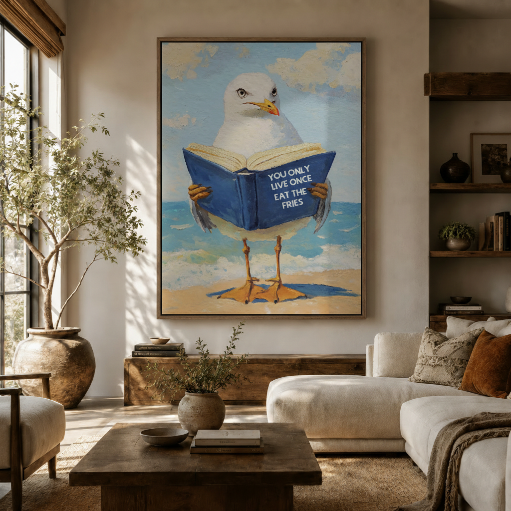 Funny bird oil painting canvas art hanging in modern living room above wooden console