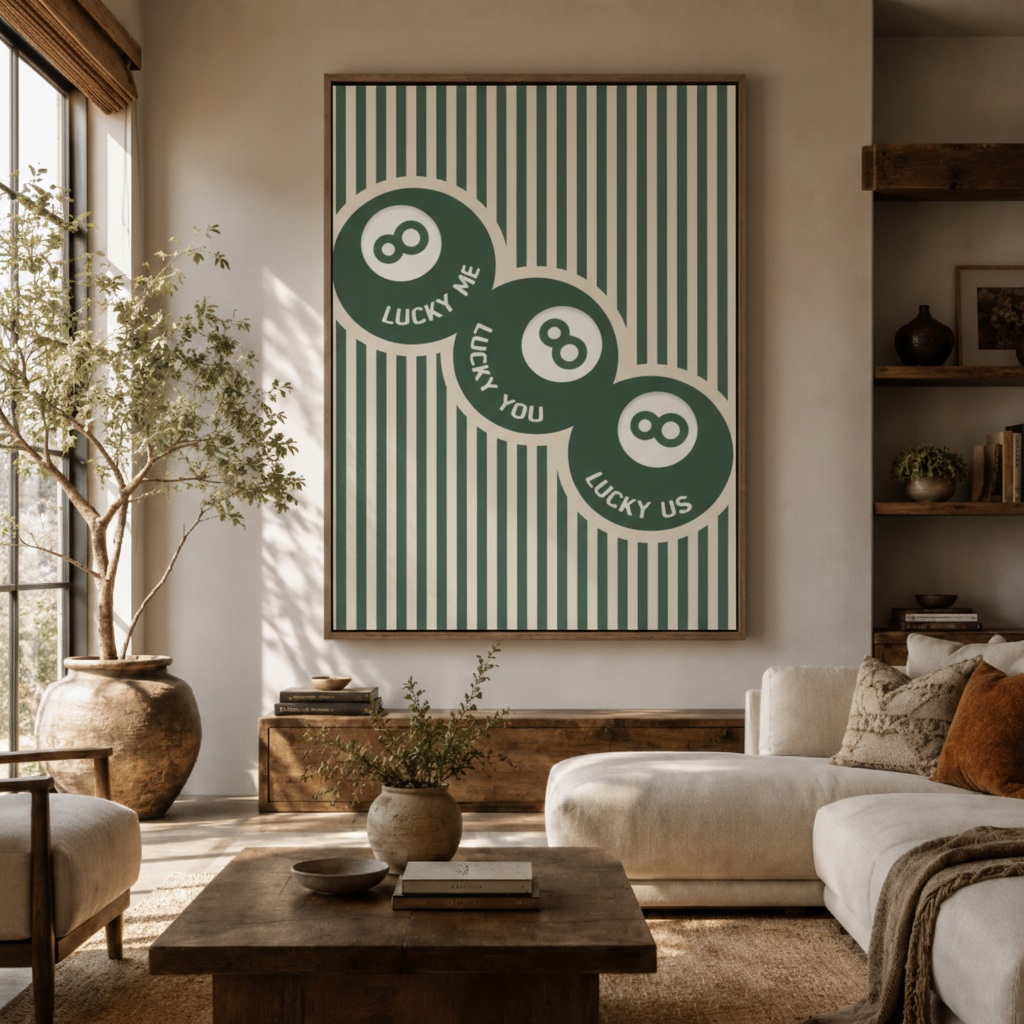 Lucky 8 ball canvas wall art in living room – bold green pop art billiard print displayed above sofa by Aurewall