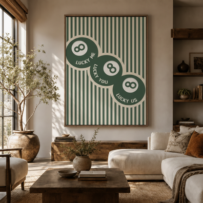 Lucky 8 ball canvas wall art in living room – bold green pop art billiard print displayed above sofa by Aurewall
