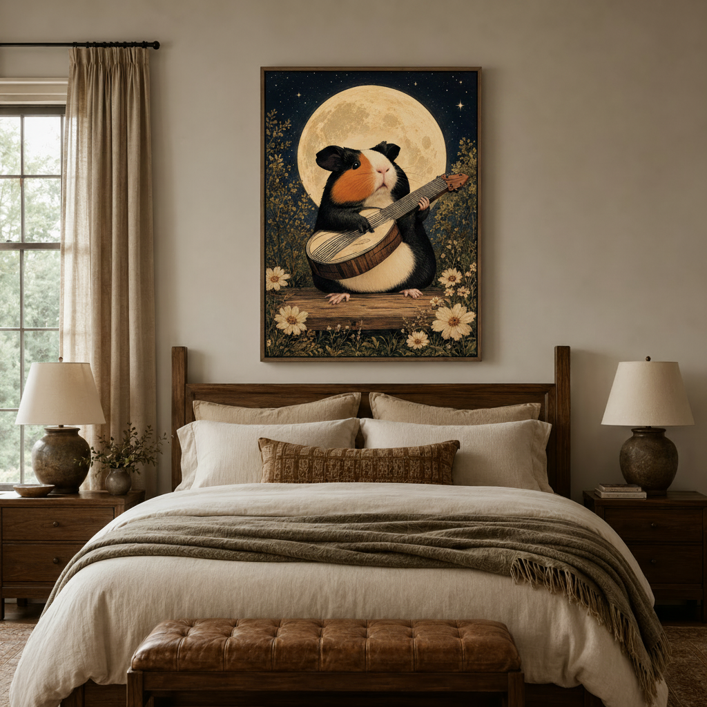 Whimsical guinea pig banjo folk art canvas print displayed above bed in warm bedroom setting