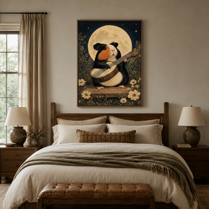 Whimsical guinea pig banjo folk art canvas print displayed above bed in warm bedroom setting