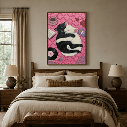 Cute cats cuddling canvas wall art above a wooden bed in a cozy neutral bedroom