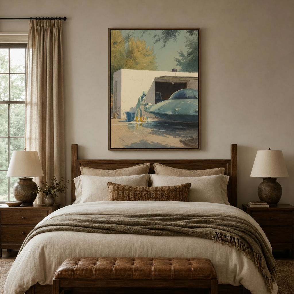 Funny alien UFO canvas print in dark float frame styled above bed in warm bedroom interior