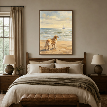 Golden retriever coastal canvas art above a linen bed in a cozy neutral bedroom setting