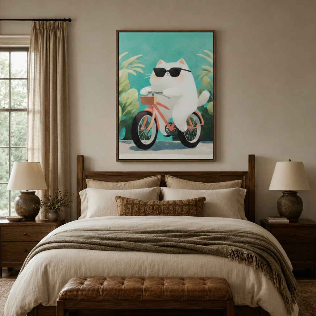 Playful cat bicycle wall art framed canvas above wooden bed in cozy neutral bedroom