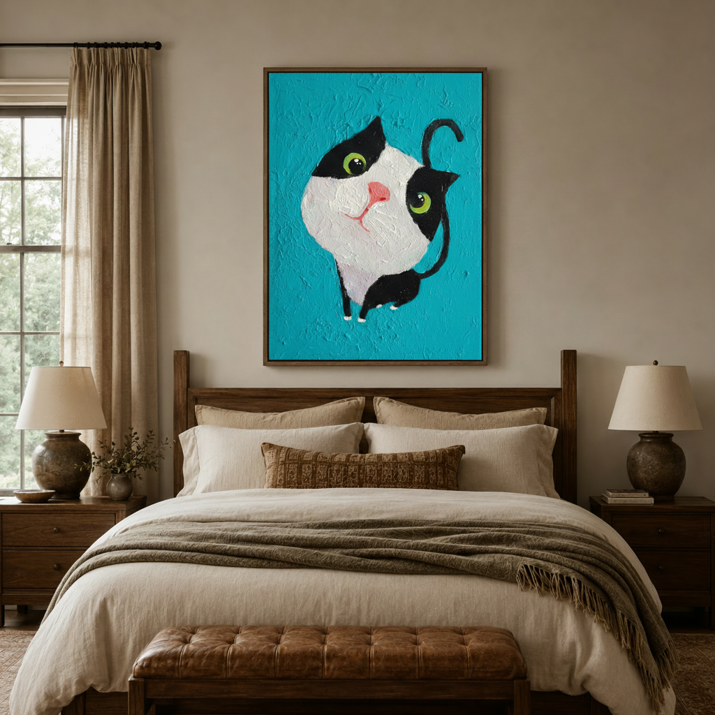 Playful cat wall art above a dark walnut bed in a cozy bedroom setting