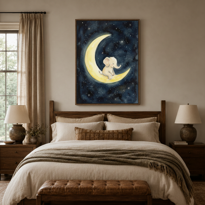 Baby elephant starry night canvas wall art in bedroom – soft watercolor nursery print above bed, perfect baby shower gift