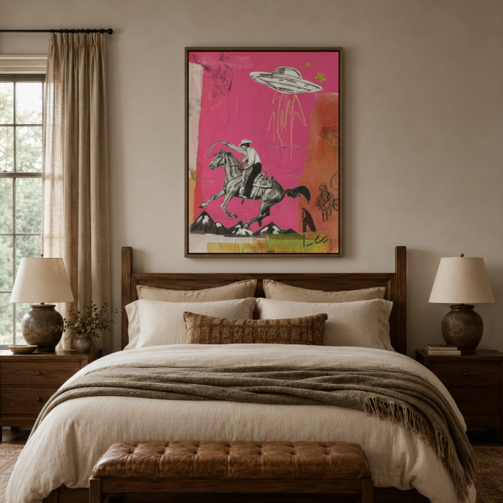 Surreal pink cowboy UFO canvas print in bedroom – bold western sci-fi pop art wall decor above bed by Aurewall