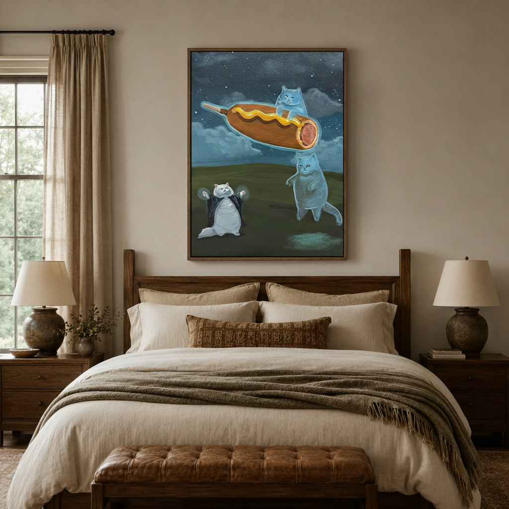 Funny ghost cat canvas art above bed in cozy neutral bedroom with warm lighting