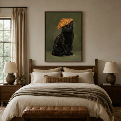 Quirky black cat with croissant framed canvas art above a cozy bedroom bed