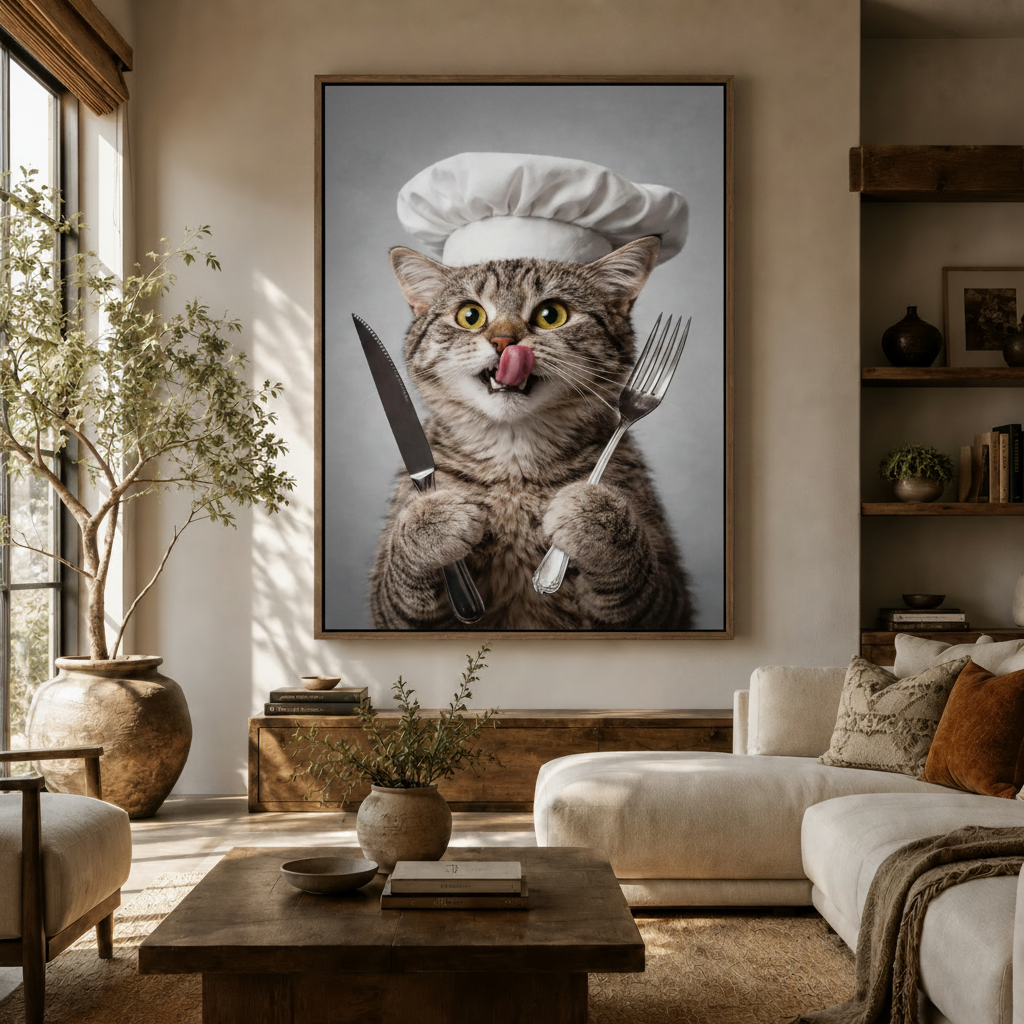 Hyperrealistic cat with knife and fork canvas print hanging in warm neutral living room