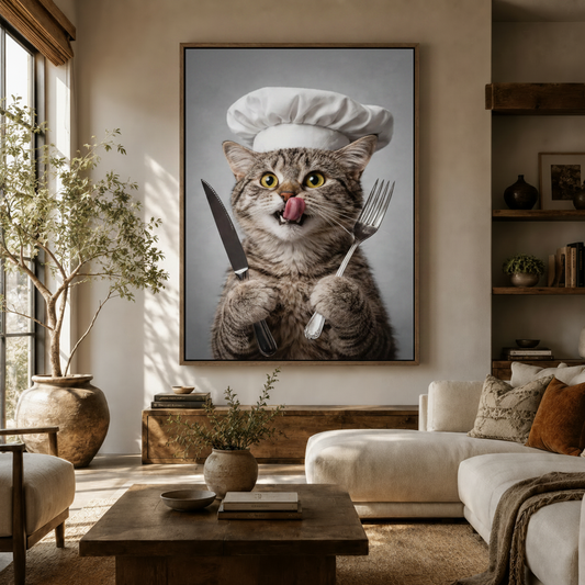 Hyperrealistic cat with knife and fork canvas print hanging in warm neutral living room