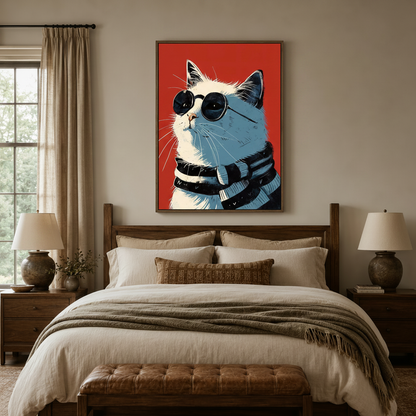 Woodblock-style cool cat canvas above wooden bed headboard in warm neutral bedroom setting