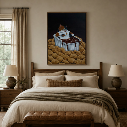 Bold painterly cat canvas above a rustic wooden bed in a cozy warm-toned bedroom