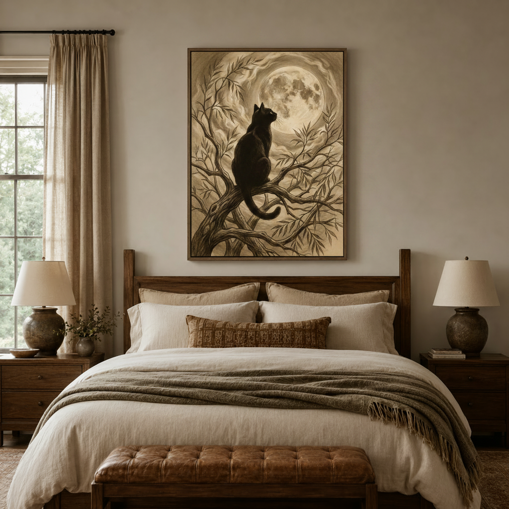 Moody black cat moon canvas art above a walnut bed headboard in a cozy neutral bedroom