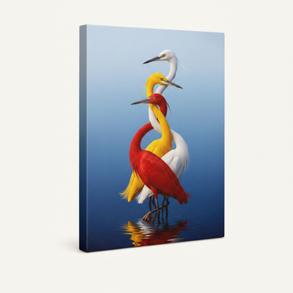 Stretched canvas colorful heron painting side view on warm cream background