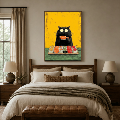 Humorous black cat sushi illustration canvas art as bedroom statement piece above wooden bed