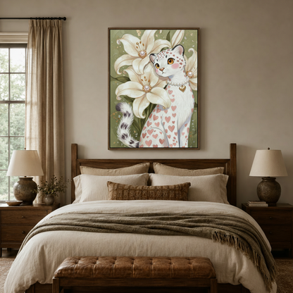 Dreamy heart leopard oil painting in dark walnut float frame above bed in cozy neutral bedroom