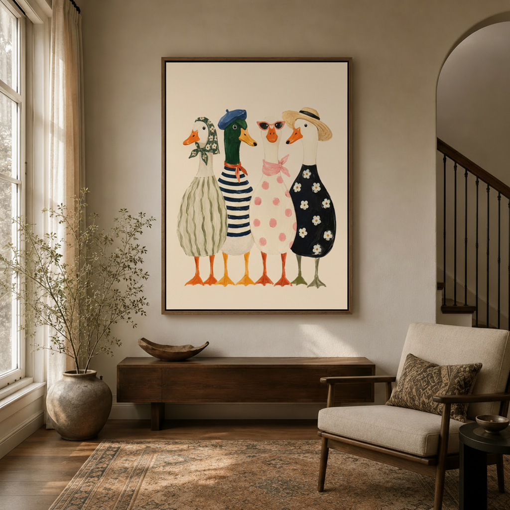 Funny fashionable ducks wall art in float frame styled in warm neutral living room setting