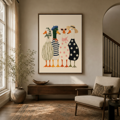 Funny fashionable ducks wall art in float frame styled in warm neutral living room setting