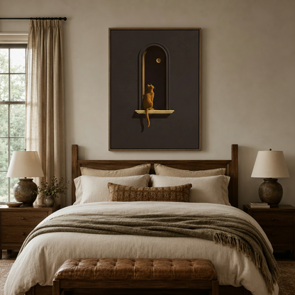 Moody dark cat moon canvas art above bed in cozy neutral bedroom with warm ambient lighting