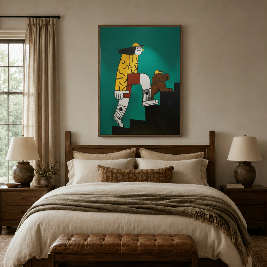 Colorful pop art canvas above a dark wood bed frame in a warm neutral bedroom