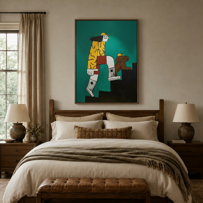 Colorful pop art canvas above a dark wood bed frame in a warm neutral bedroom
