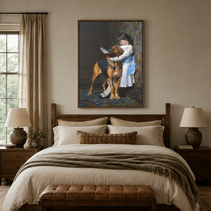 Victorian dog and girl canvas wall art above bed in warm neutral bedroom with linen bedding
