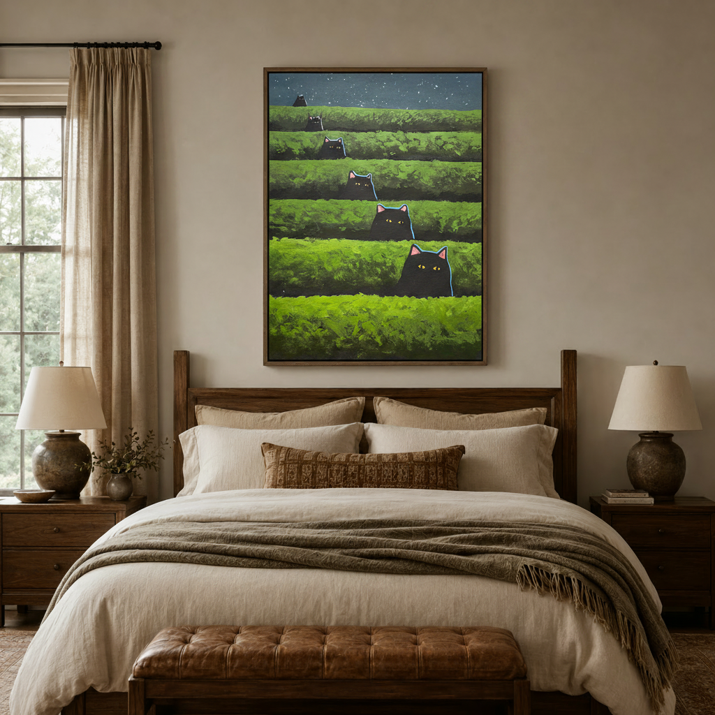 Black cat canvas wall art above bed in warm neutral bedroom with linen bedding